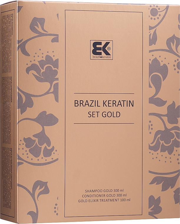 Keratynowy zestaw do pielęgnacji włosów - Brazil Keratin Anti Frizz Gold (shm 300 ml + cond 300 ml + elixir 100 ml)