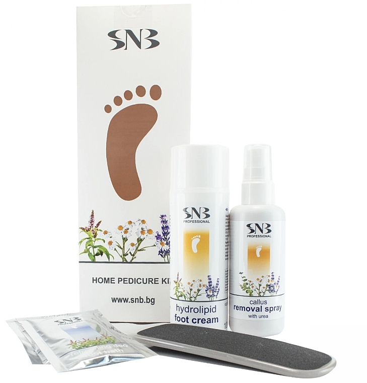 Zestaw do domowego pedicure - SNB Professional Home Pedicure Kit (salt/2x15g + spray/110ml + cr/100ml + file/1pcs) — Zdjęcie N1