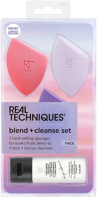 Zestaw - Real Techniques Sunrise To Sunset Blend + Cleanse Set (sponge/3pcs + cl/gel/30ml) — Zdjęcie N1