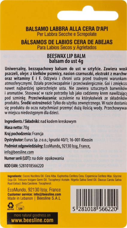 Balsam z woskiem pszczelim do ust - Beesline Beeswax Lip Balm For Dry & Chapped Lips — Zdjęcie N2