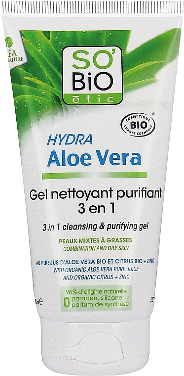 Żel do cery mieszanej i tłustej - So'Bio Etic Hydra Aloe Vera 3in1 Cleansing & Purifying Gel — Zdjęcie N1