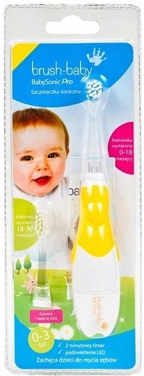 Elektryczna szczoteczka do zębów na baterie, 0-3 lata, żółta - Brush-Baby BabySonic Pro Electric Toothbrush — Zdjęcie N3