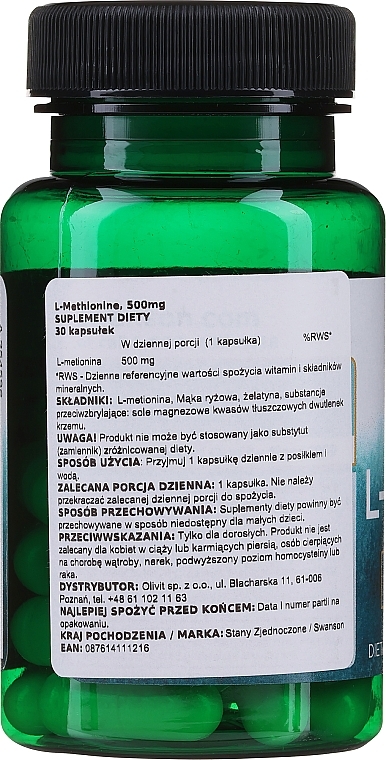 Suplement diety L-Metionina, 500 mg - Swanson 100% Pure L-Methionine 500mg — Zdjęcie N2