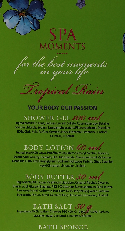 Zestaw do pielęgnacji ciała - Spa Moments Tropical Rain (sh/gel 100 ml + b/lot 60 ml + oil 50 ml + salt 50g + bath puff) — Zdjęcie N3