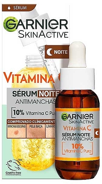 Serum na noc z witaminą C redukujące widoczność plam starczych, zmarszczek i wyrównujące koloryt skóry - Garnier Skin Active Vitamin C Night Serum — Zdjęcie N3