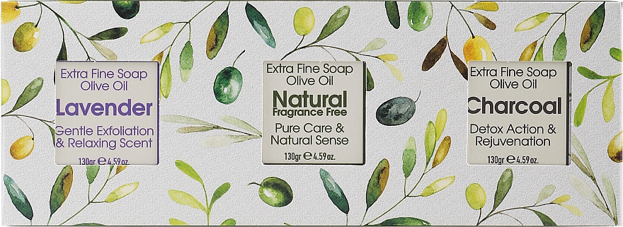 Zestaw, naturalny, węgiel drzewny, lawenda - Kalliston Box With 3 Soaps (soap/3x130g) — Zdjęcie N1