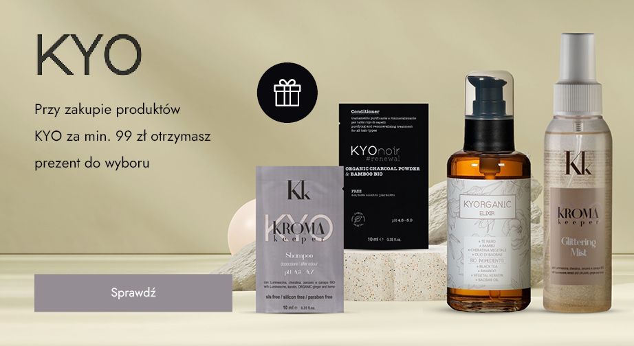 Przy zakupie produktów KYO za min. 99 zł otrzymasz prezent do wyboru: szampon Kyo Kroma Keeper (10 ml) lub odżywkę Kyo Noir Organic Charcoal (10 ml).