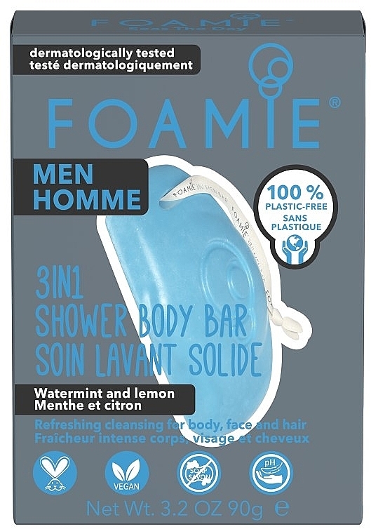 PRZECENA! Mydło pod prysznic dla mężczyzn 3w1 Mięta pieprzowa i cytryna - Foamie 3in1 Shower Body Bar For Men Seas The Day * — Zdjęcie N1