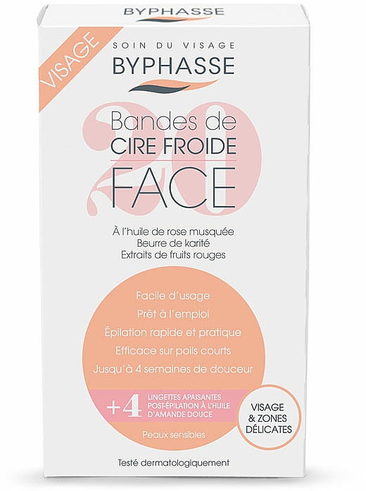 Paski z zimnym woskiem do depilacji twarzy i delikatnych stref - Byphasse Cold Wax Strips Face & Delicate Areas For Sensitive Skin — Zdjęcie N2