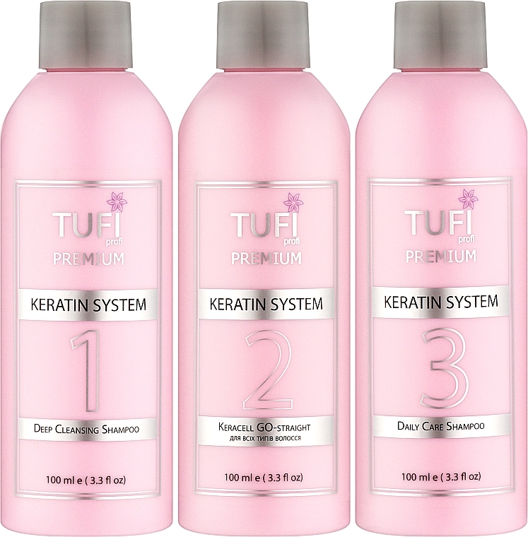 Zestaw do keratynowego prostowania włosów - Tufi Profi Premium (keratin/100ml + shampoo/100ml*2) — Zdjęcie N2
