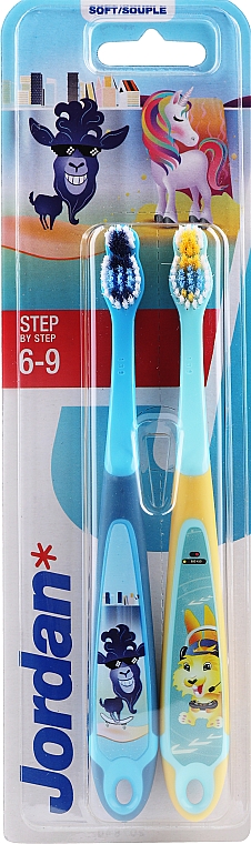 Szczoteczki do zębów dla dzieci 6-9 lat, niebieska + miętowo-żółta - Jordan Step By Step Soft