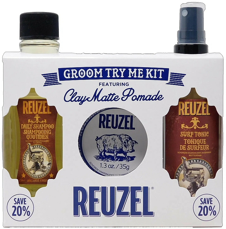 Zestaw do makijażu - Reuzel Clay Matte Try Me Kit (h/pomade/35g + h/tonic/100ml + shm/100ml) — Zdjęcie N1