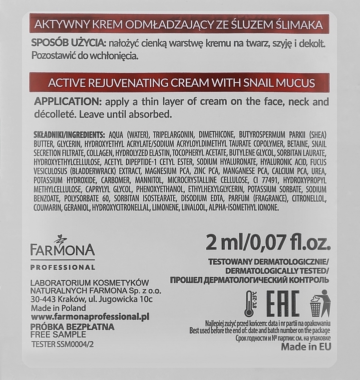 Aktywny krem ​​przeciwstarzeniowy ze śluzem ślimaka - Farmona Professional Snail Repair Active Rejuvenating Cream With Snail Mucus (próbka) — Zdjęcie N2