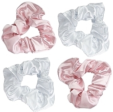 Satynowe gumki do włosów, różowo-białe, 4 sztuki - Brushworks Pink & White Satin Scrunchies — Zdjęcie N2
