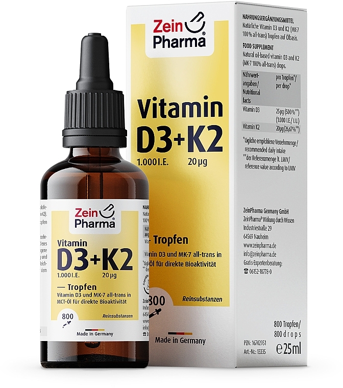 Witaminy D3 + K2 - ZeinPharma Vitamin D3 (1000 I.U.) + K2 (20 µg) Drops — Zdjęcie N1