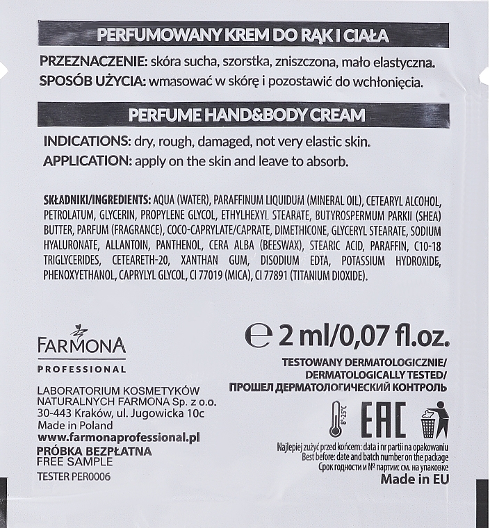 Perfumowany krem do rąk i ciała - Farmona Professional Perfume Hand&Body Cream (próbka) — Zdjęcie N2