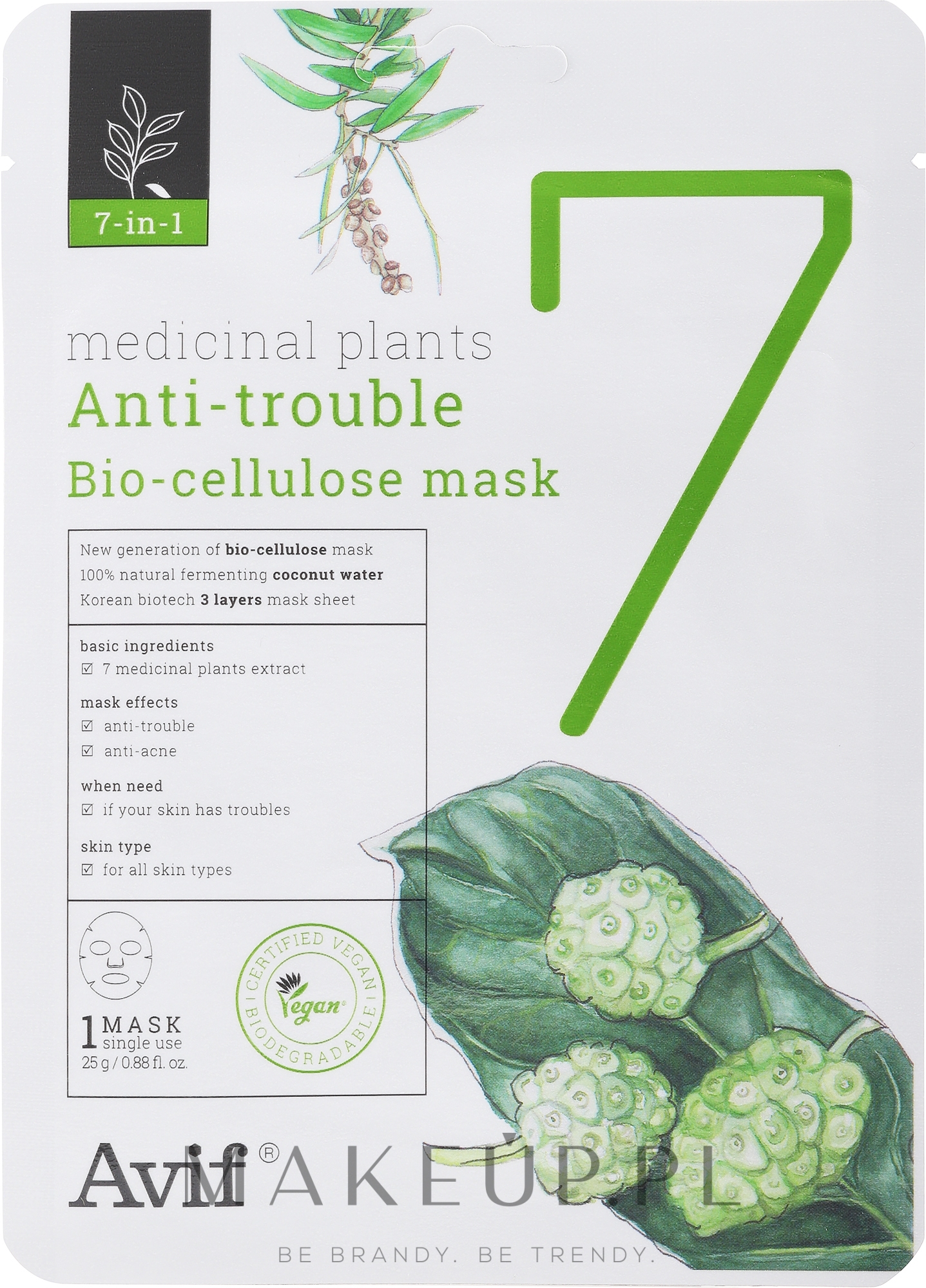 Biocelulozowa maska na twarz - Avif 7-in-1 Medicinal Plants Anti-Trouble Bio Cellulose Mask — Zdjęcie 25 g