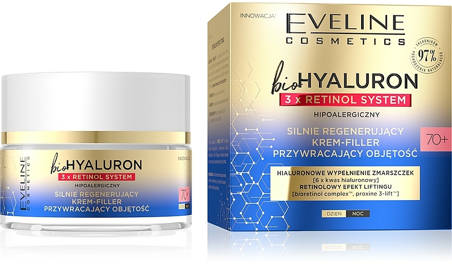 Silnie regenerujący krem do twarzy przywracający objętość 70+ - Eveline Cosmetics BioHyaluron 3xRetinol System — фото N1