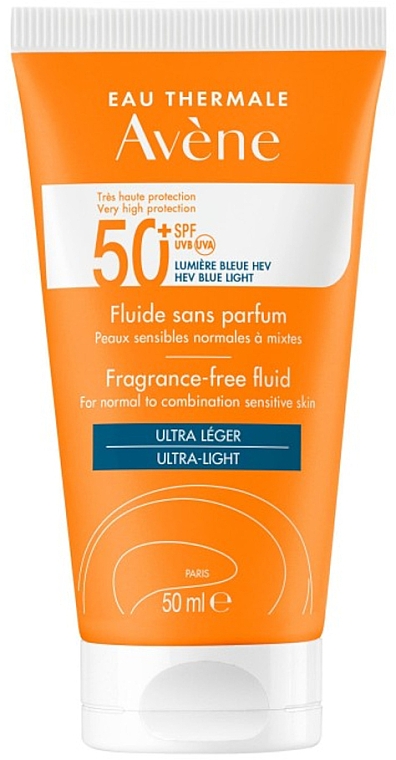 Bezzapachowy fluid do twarzy z filtrem przeciwsłonecznym - Avene Eau Thermale Fragrance-Free Fluid SPF 50+