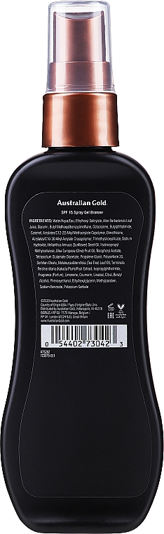 Żel w sprayu do opalania z naturalnym bronzerem, 100 ml - Australian Gold Spray Gel Sunscreen with Instant Bronzer SPF 15 — Zdjęcie N4