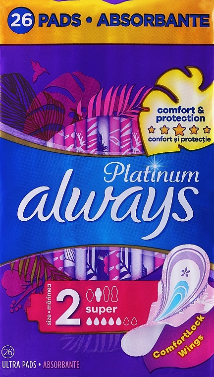 Podpaski higieniczne, rozmiar 2, 26 sztuk - Always Platinum Protection +Extra Comfort Super — Zdjęcie N1