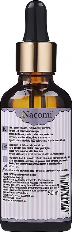 Olej do twarzy i ciała z pestek winogron z pipetą - Nacomi Grape Seed Oil — Zdjęcie N2
