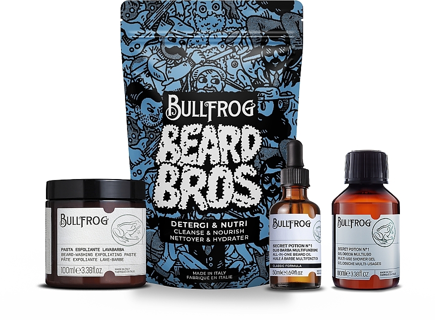 Zestaw - Bullfrog Beard Bros Cleanse & Nourish Kit (scr/100 ml + oil/50 ml + sh/gel/100 ml) — Zdjęcie N1