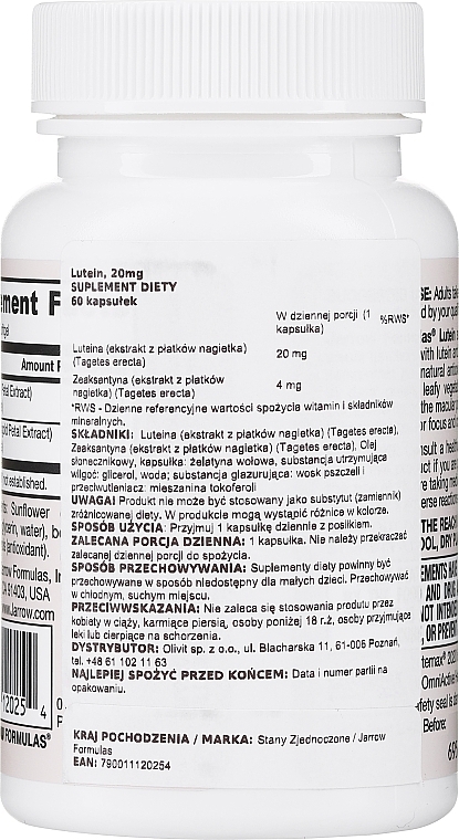 Suplement diety Luteina, 20 mg - Jarrow Formulas Lutein 20mg — Zdjęcie N2