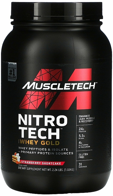 Białko serwatkowe, ciasto truskawkowe - MuscleTech Nitro Tech 100% Whey Gold Strawberry Shortcake — Zdjęcie N1