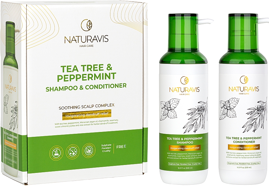 Zestaw do włosów Drzewo herbaciane i mięta pieprzowa - Naturavis Tea Tree & Peppermint Shampoo & Conditioner Set (shm/500ml + cond/500ml) — Zdjęcie N1