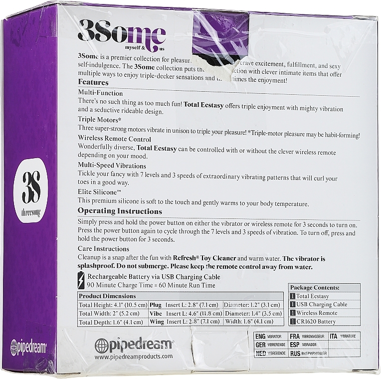 PRZECENA! Stymulator wibracyjny o potrójnym działaniu i zdalnym sterowaniu, fioletowy - PipeDream Threesome Total Ecstasy Purple * — Zdjęcie N4
