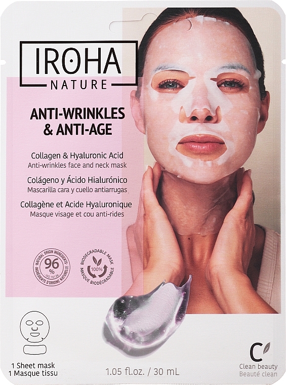 Maska na tkaninie do twarzy - Iroha Nature Anti-Age Collagen 100% Cotton Face & Neck Mask — Zdjęcie N1