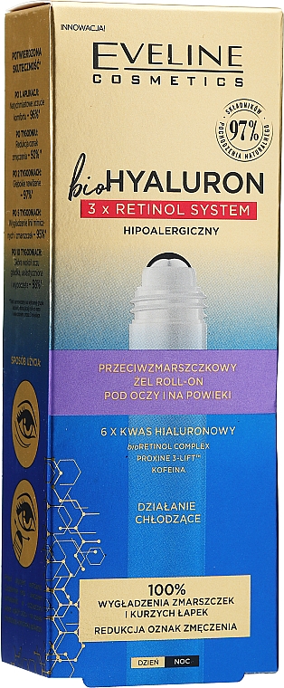 Przeciwzmarszczkowy żel roll-on pod oczy i na powieki - Eveline Cosmetics BioHyaluron 3x Retinol System Gel Roll-On — Zdjęcie N3