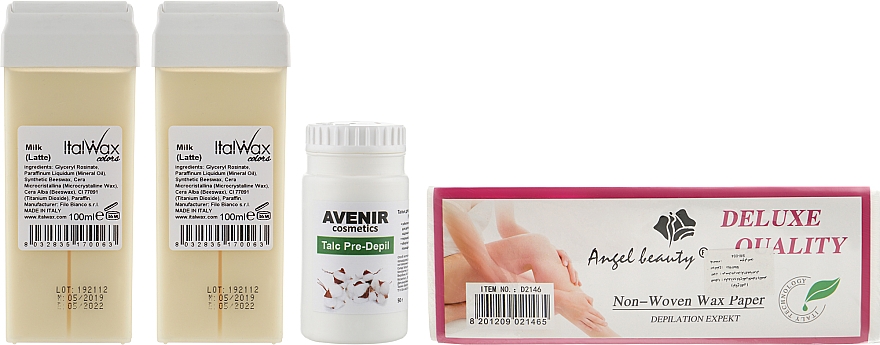 Zestaw do depilacji woskiem - Avenir Cosmetics (depil/strips/80pcs + wax/2pcs + talc/50g) — Zdjęcie N1