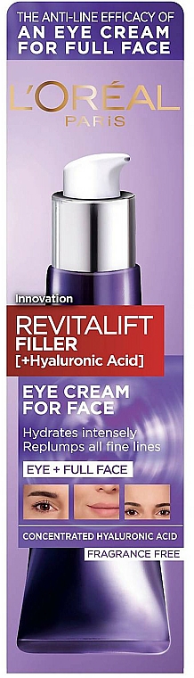 Przeciwstarzeniowy krem ​​do twarzy i pod oczy z kwasem hialuronowym - L'Oreal Paris Revitalift Filler [+Hyaluronic Acid] Eye Cream For Face — Zdjęcie N1