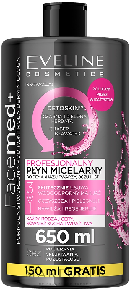 Profesjonalny płyn micelarny 3 w 1 - Eveline Cosmetics Facemed+ — Zdjęcie 650 ml