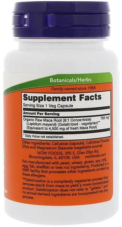 Suplement diety Surowa maca, 750 mg - Now Foods Raw Maca Veg Capsules — Zdjęcie N2
