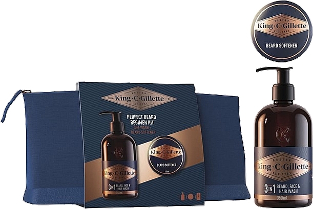 Zestaw - Gillette King C. Gillette Perfect Beard Regimen Kit (wash/350ml + b/balm/100ml + bag/1pc) — Zdjęcie N1