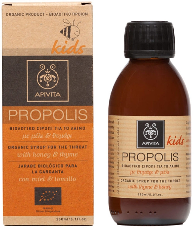 Organiczny syrop dla dzieci na ból gardła z miodem i tymiankiem - Apivita Kids Propolis Organic Syrup For The Throat — Zdjęcie N1