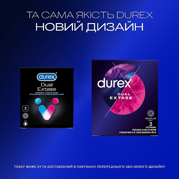 Prezerwatywy lateksowe z lubrykantem silikonowym, z wytłoczonym środkiem znieczulającym, 3 szt. - Durex Dual Extase — Zdjęcie N4