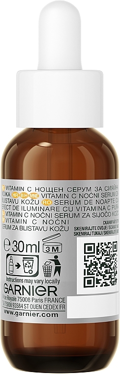 Serum na noc z witaminą C redukujące widoczność plam starczych, zmarszczek i wyrównujące koloryt skóry - Garnier Skin Active Vitamin C Night Serum — Zdjęcie N1