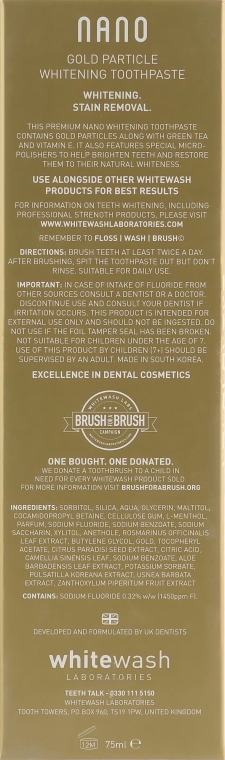 Wybielająca pasta do zębów z cząsteczkami złota - WhiteWash Laboratories Nano Gold Particle Whitening Toothpaste — Zdjęcie N3