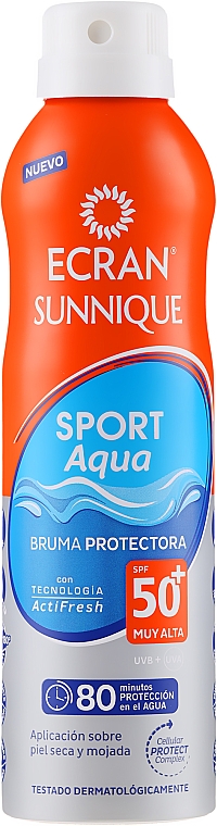 Spray z wysoką ochroną przeciwsłoneczną dla osób aktywnych z filtrem SPF 50 - Ecran Sunnique Sport Aqua Protective Mist — Zdjęcie N1