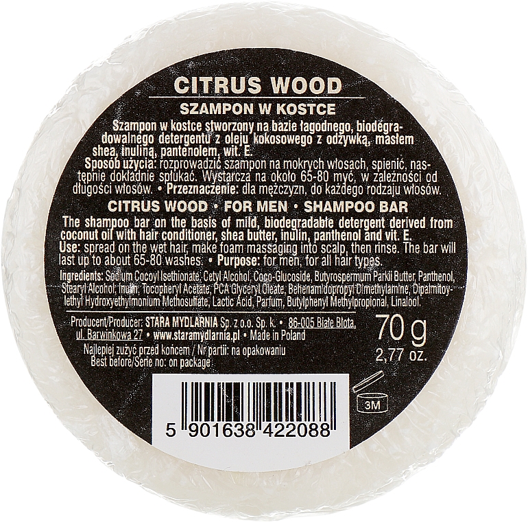 Szampon w kostce dla mężczyzn - Stara Mydlarnia Citrus Wood Shampoo Bar For Men (wymienny wkład)