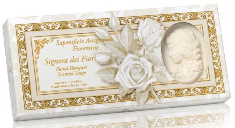 Zestaw naturalnych mydeł w kostce w kształcie damy Bukiet kwiatów - Saponificio Artigianale Fiorentino Floral Bouquet Soap (3 x soap 125 g) — Zdjęcie N1