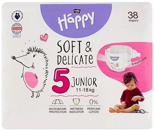 Pieluchy dziecięce 11-18 kg, rozmiar 5 Junior, 38 sztuk - Bella Baby Happy Soft & Delicate — Zdjęcie N1