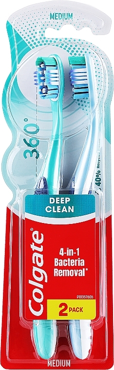 Szczoteczka do zębów 360 Deep Clean, średnia, 1+1, niebieska + jasno zielona - Colgate