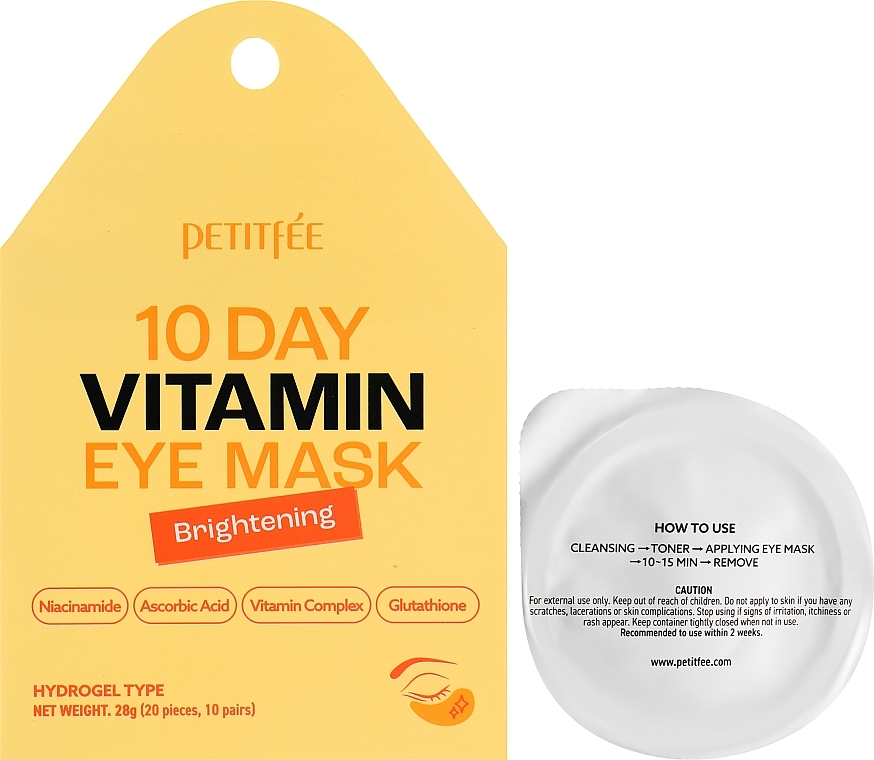 Rozjaśniające hydrożelowe płatki pod oczy - Petitfee 10 Days Vitamin Eye Mask 