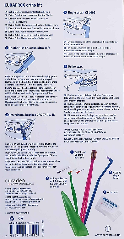 Zestaw do higieny jamy ustnej - Curaprox Ortho Kit (brush/1pcs + brushes 07,14,18/3pcs + orthod/brush/1pcs + orthod/wax/1pcs) — Zdjęcie N3