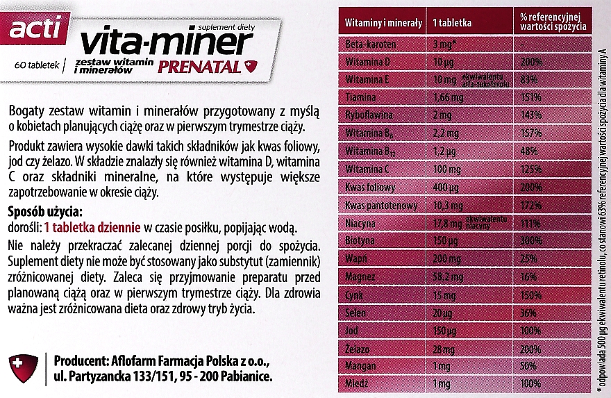 Suplement diety - Aflofarm Acti Vita-Miner Prenatal Suplement Diety — Zdjęcie N2